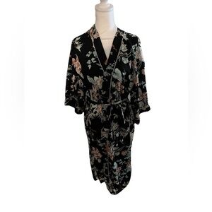 BLEUH CIEL Boho Women’s Large Kimono Duster Cardigan Robe Black Floral Wrap Tie